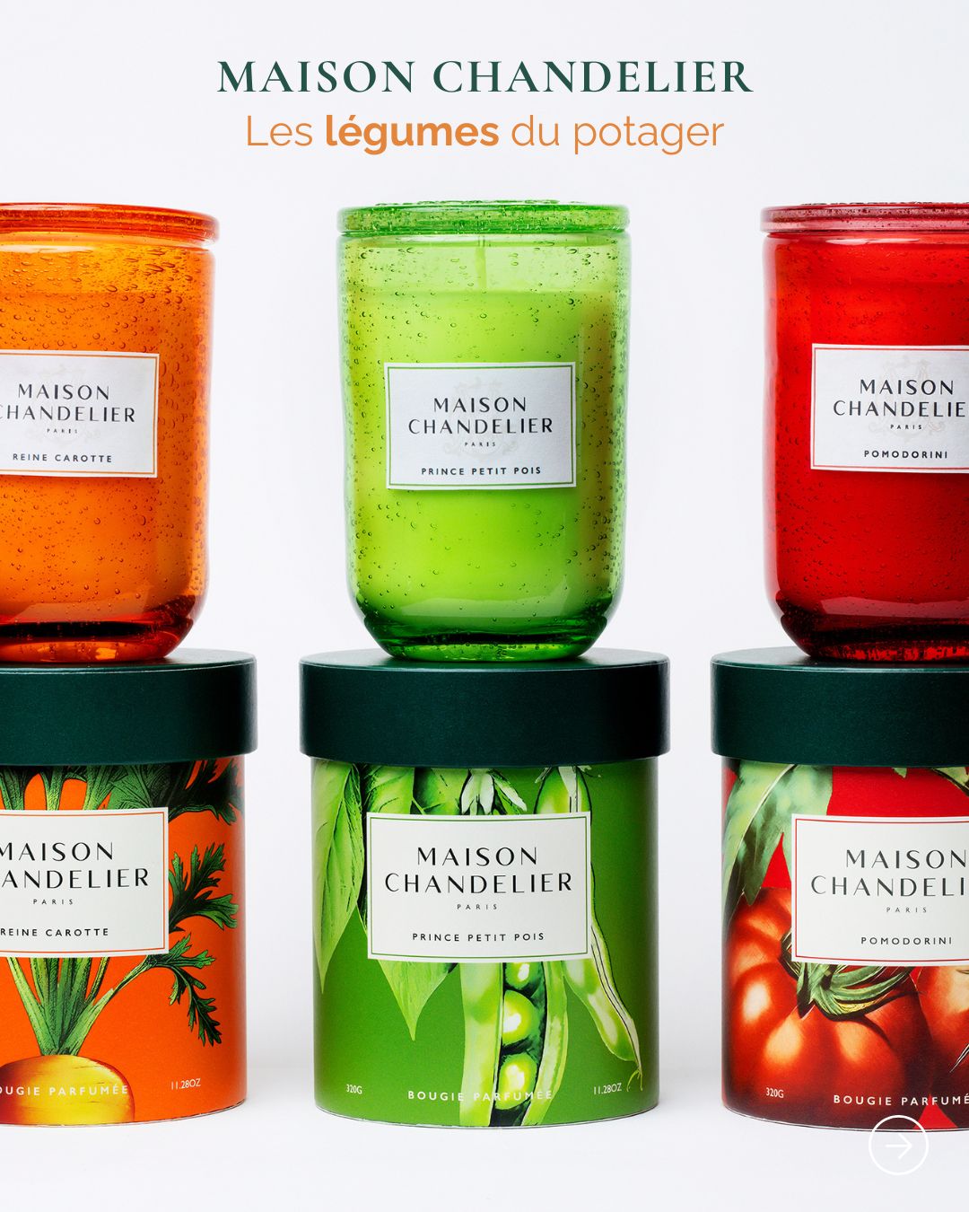 Collection de 6 bougies parfumées senteurs végétales : 3 fruits et 3 légumes