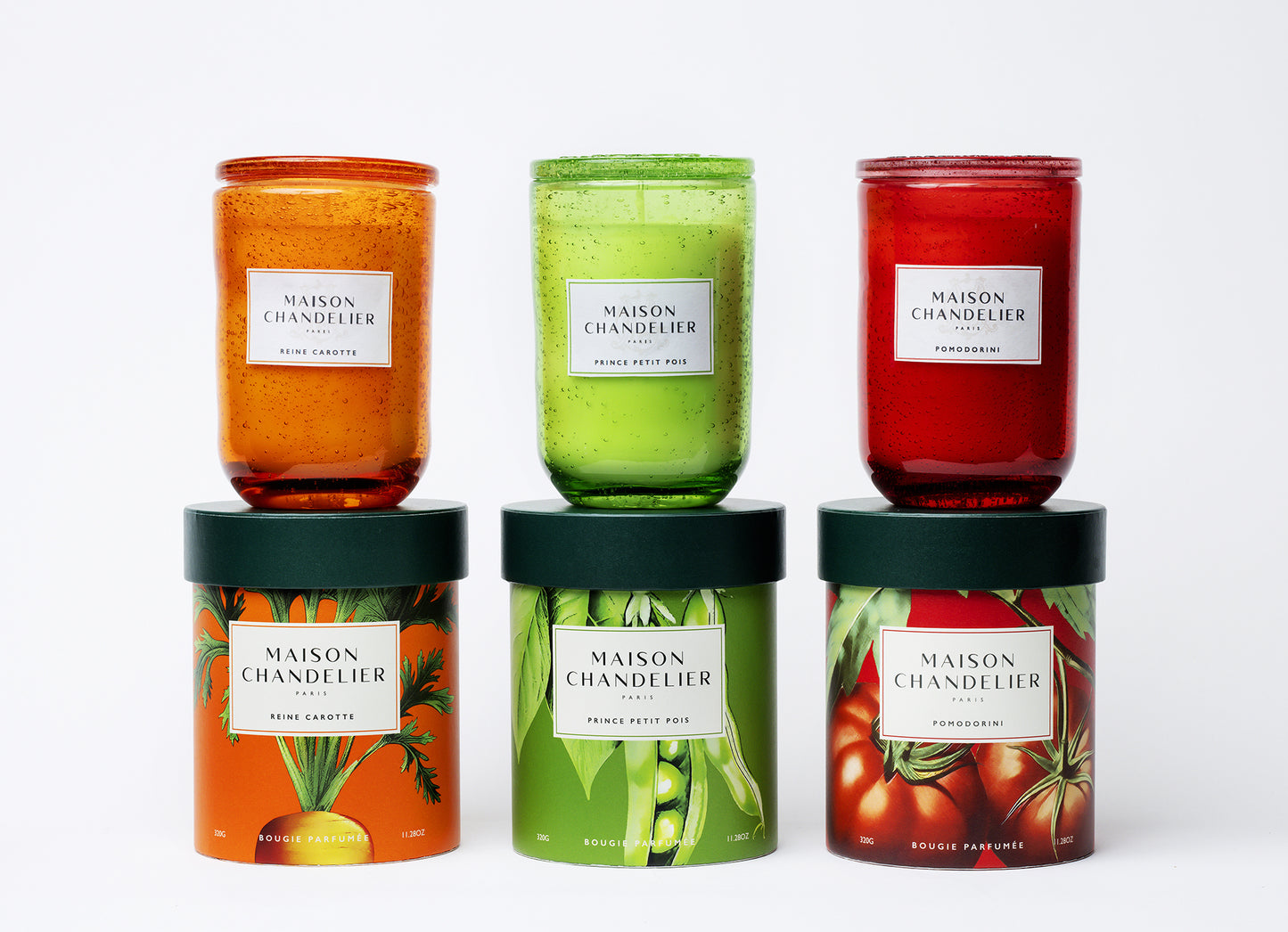 Collection de 3 bougies parfumées senteurs végétales : 3 fruits ou 3 légumes