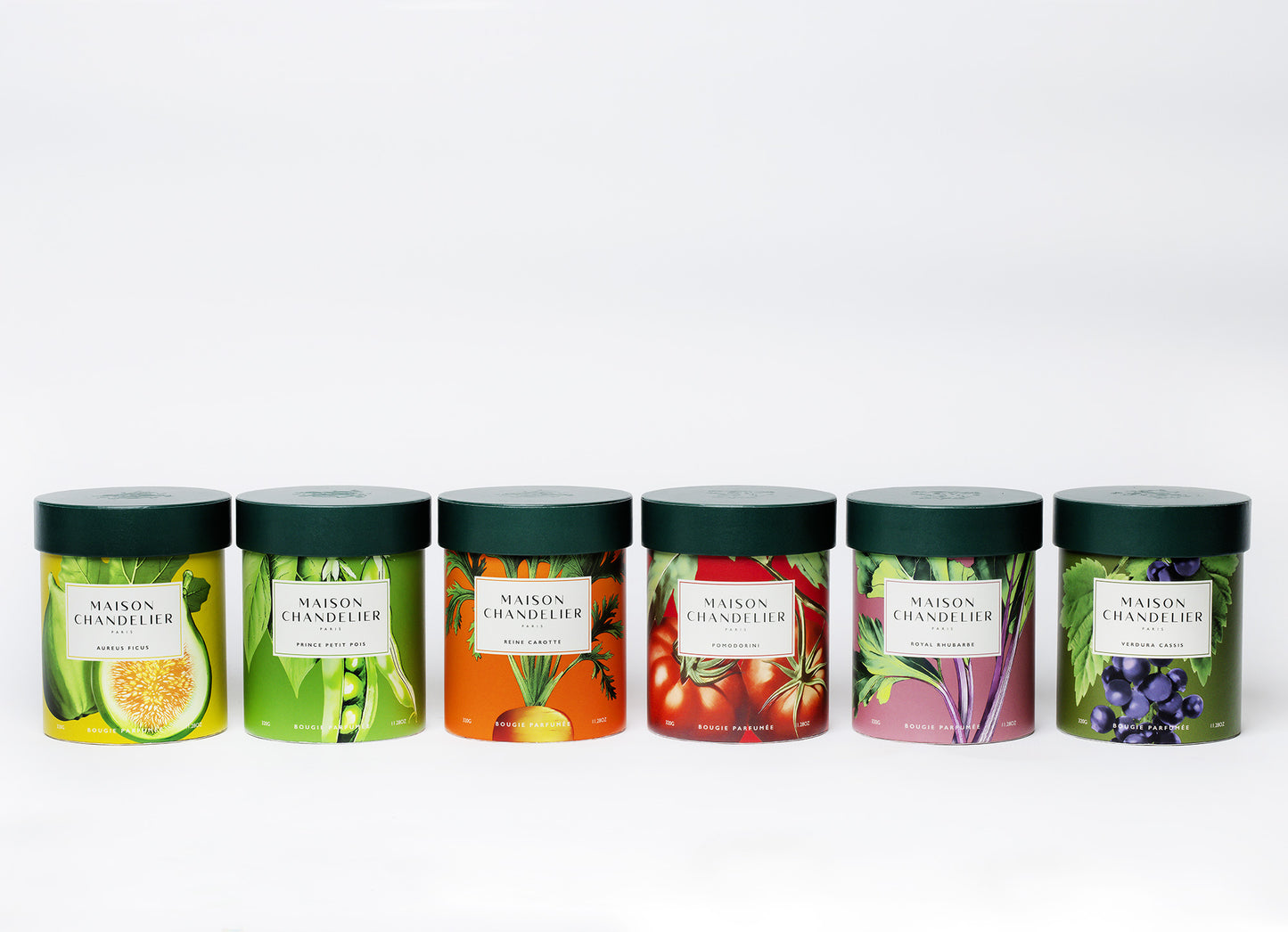 Collection de 6 bougies parfumées senteurs végétales : 3 fruits et 3 légumes